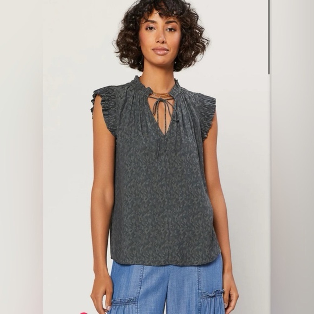 Anthropologie Current Air Dark Olive Ruffle Sleeve V-Neck Blouse - Picture 8 of 8
